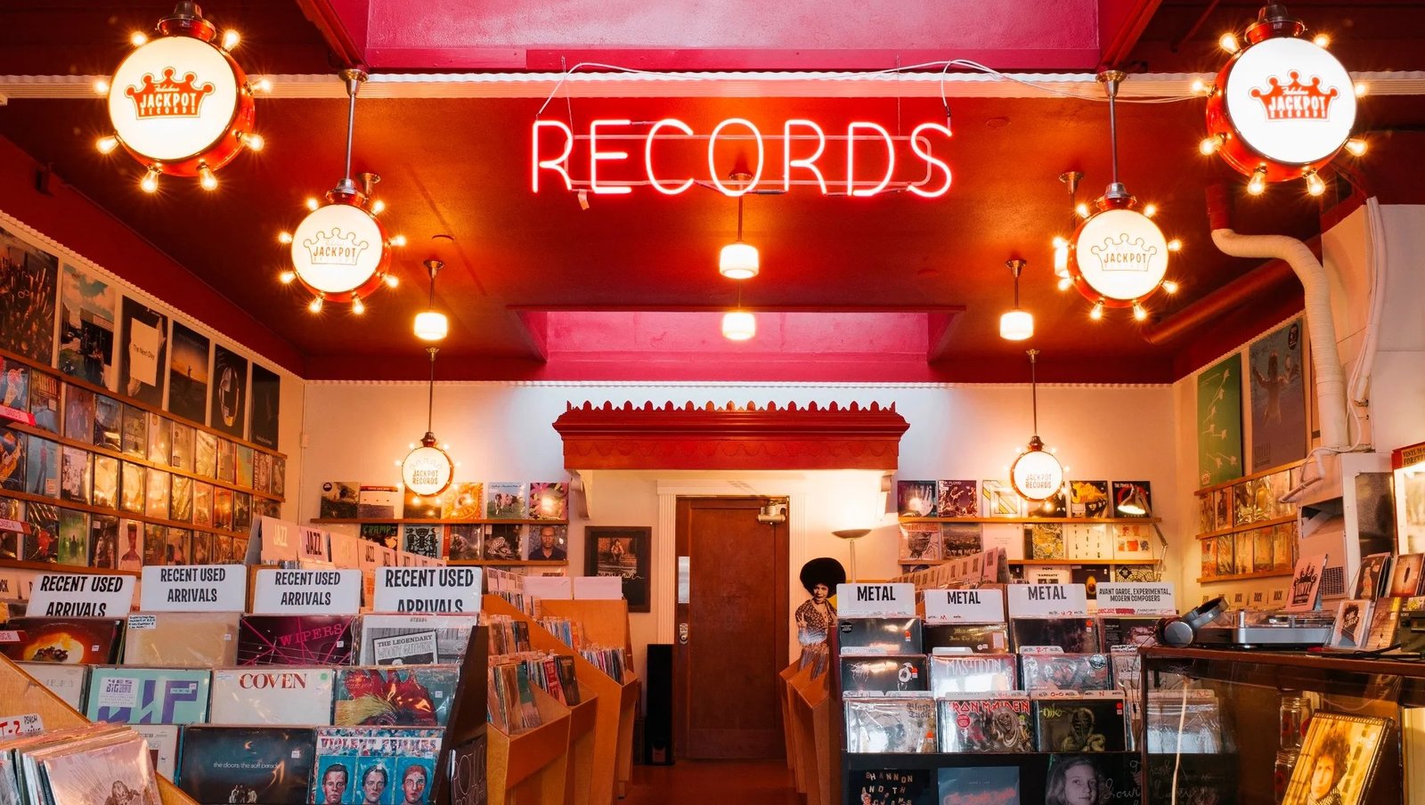 Inside view of a record shop storefront